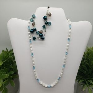 Blue White Long Beaded Necklace Paired with Blue Earth Toned Beaded Bracelet